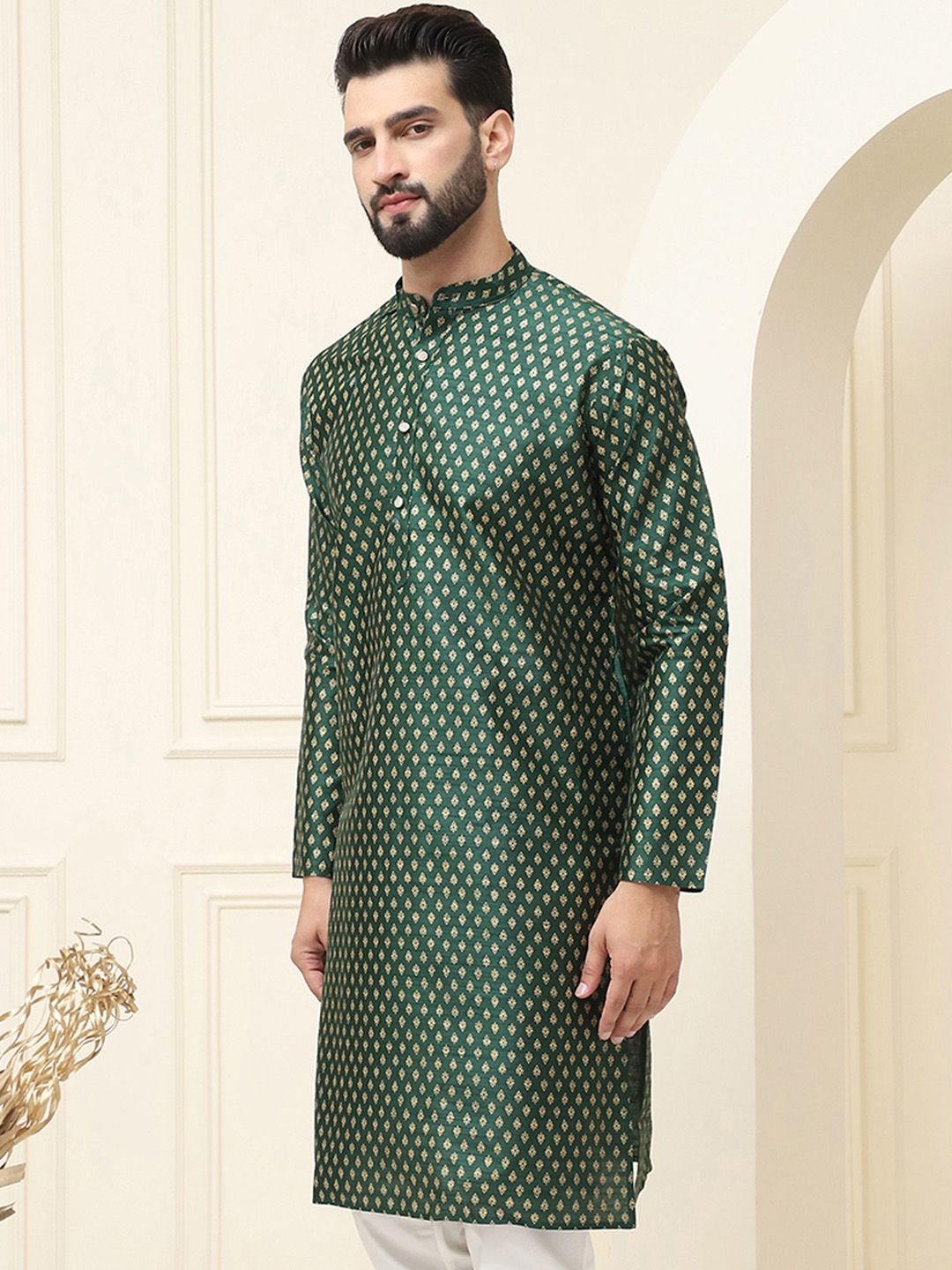 SOJANYA Ethnic Motifs Printed Band Collar Regular Silk Straight Kurta