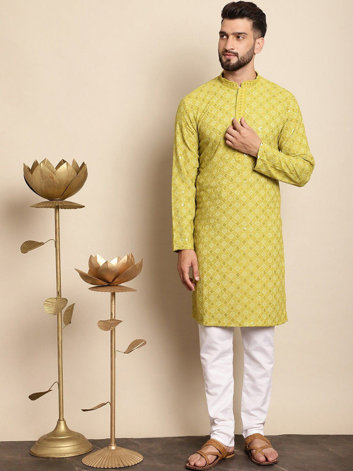 Anouk Green Ethnic Motifs Embroidered Sequinned Pure Cotton Kurta with Churidar
