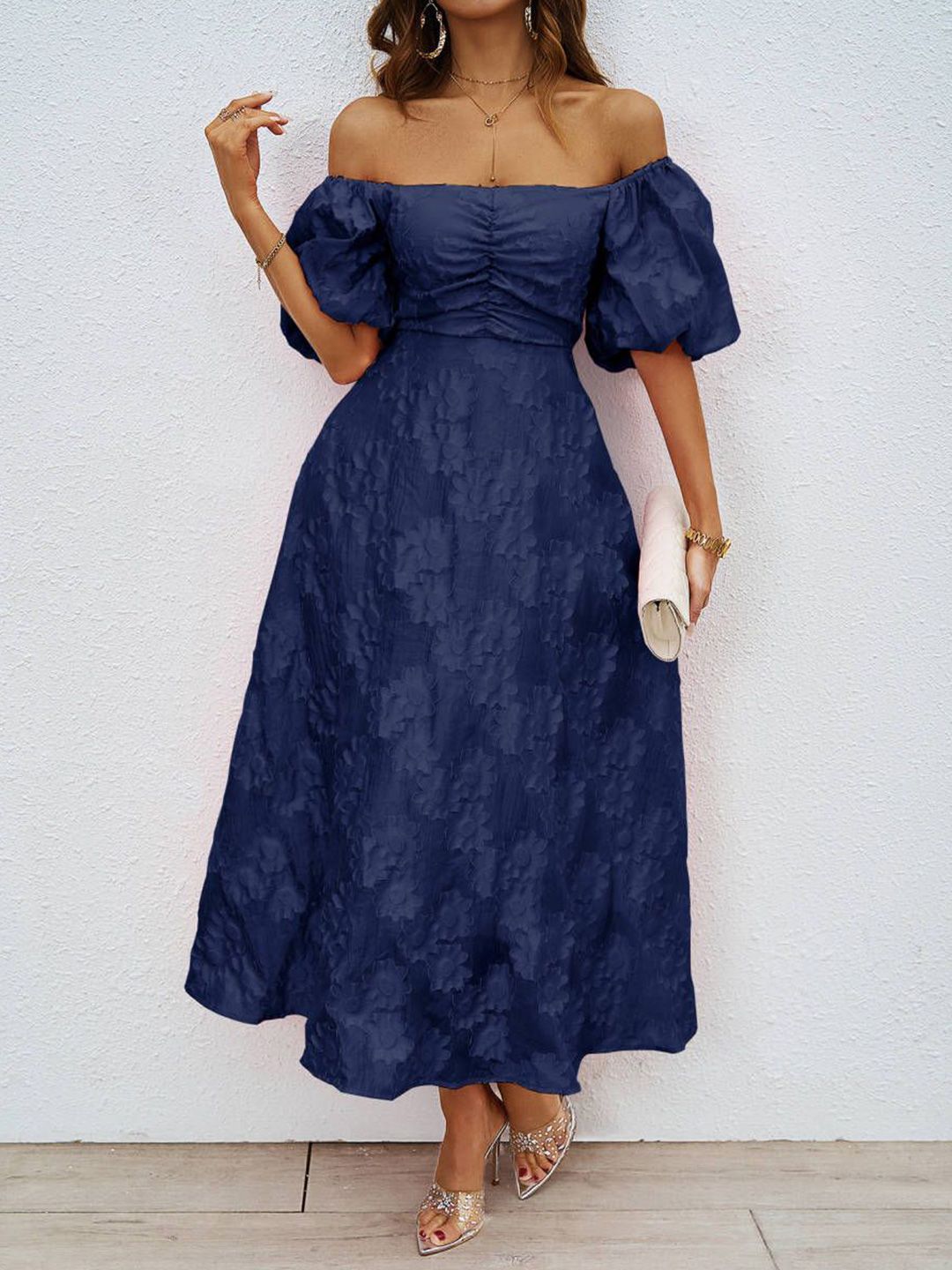 all about you  Women Solid Self Design Off-Shoulder Fit & Flare Midi Dress