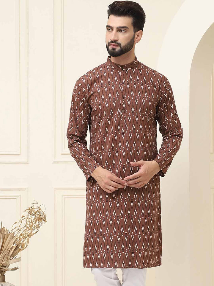 SOJANYA Motif Etnik Bercetak Kolar Jalur Biasa Kapas Tulen Kurta Lurus