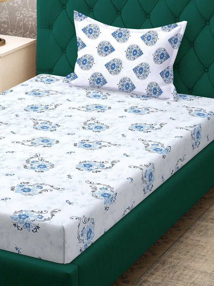 KLOTTHE Blue Cotton Floral 400 TC Single Bedsheets