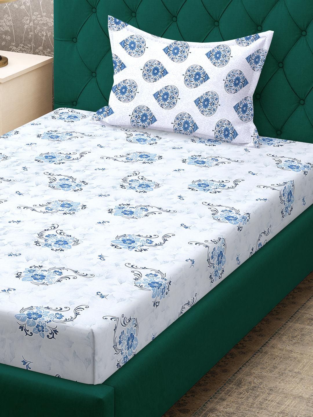 KLOTTHE Blue Cotton Floral 400 TC Single Bedsheets