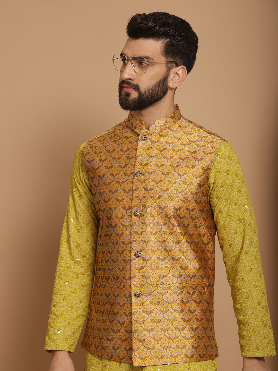 Anouk Green Ethnic Motifs Woven Design Straight Kurta With Churidar & Nehru Jacket