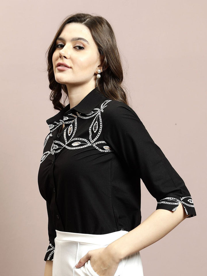 Athena Women Embellished Shirt Collar Cotton Top