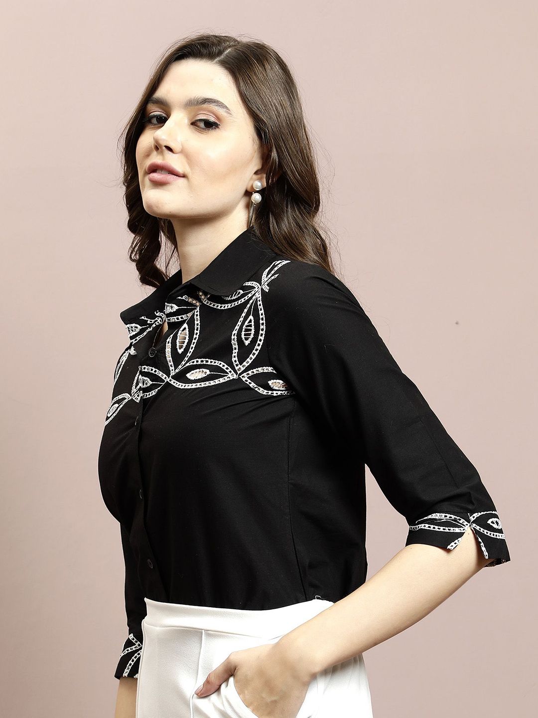 Athena Women Embellished Shirt Collar Cotton Top