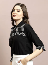 Athena Women Embellished Shirt Collar Cotton Top