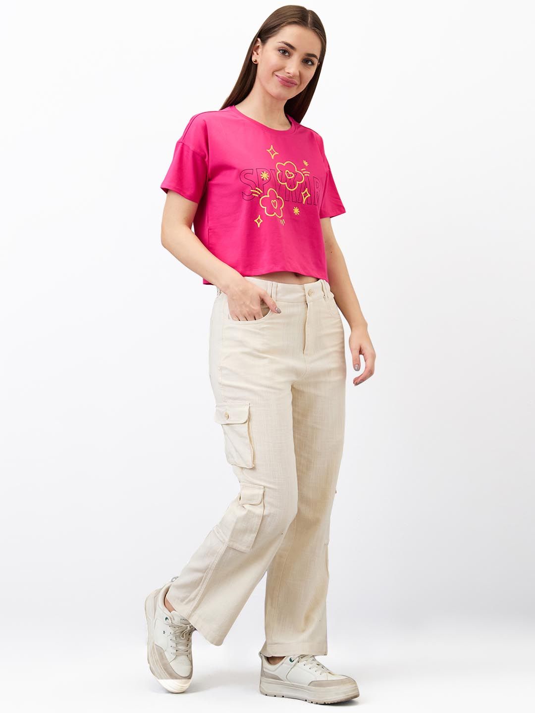 SPYKAR Women Typography Printed Round Neck Cotton Boxy T-shirt