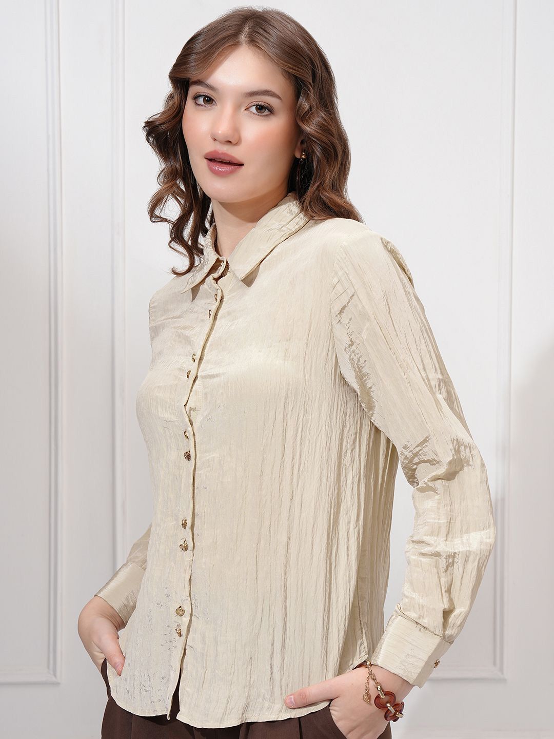 CHIC BY TOKYO TALKIES Women Spread Collar Textured Casual Shirt