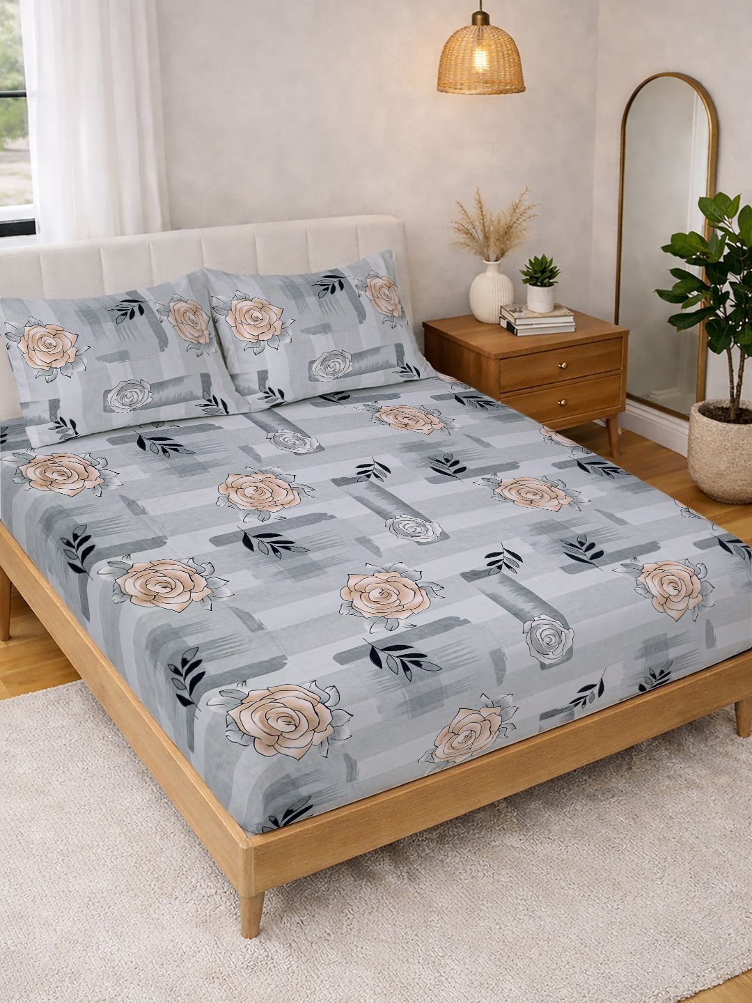 Myntra Elegant Homes Grey Floral 300 TC King Double Bedsheet dengan 2 Sarung Bantal