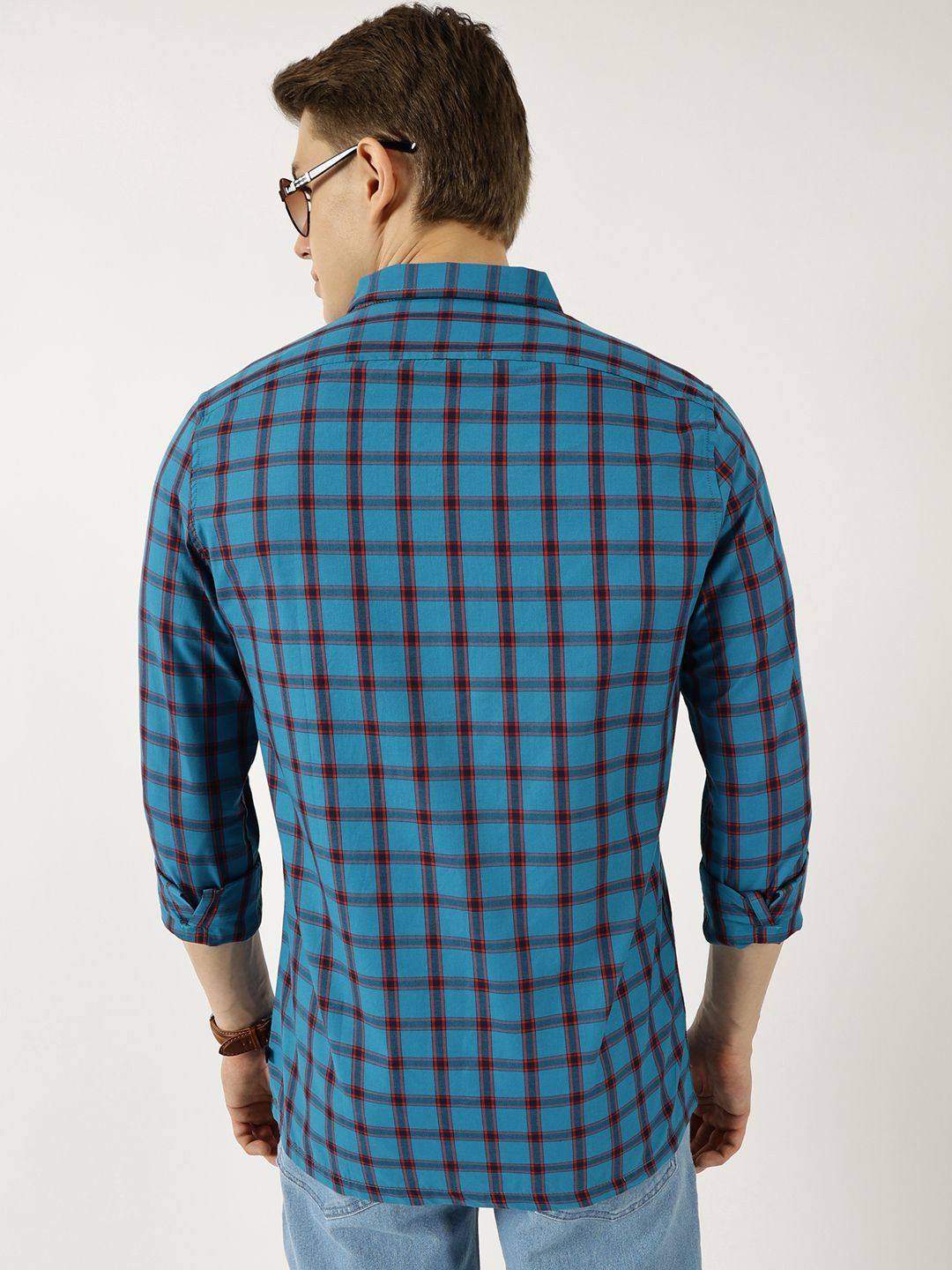 Thomas Scott Men Classic Spread Collar Windowpane Checked Cotton Slim Fit Casual Shirt