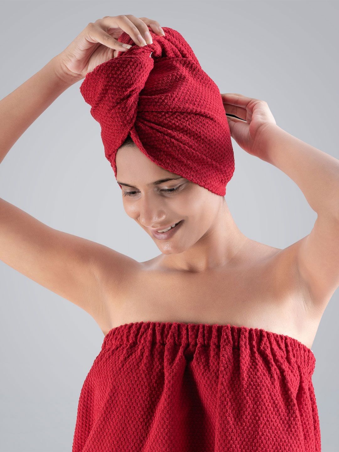 MYTRIDENT Red Cotton Bath Robe With Headwrap