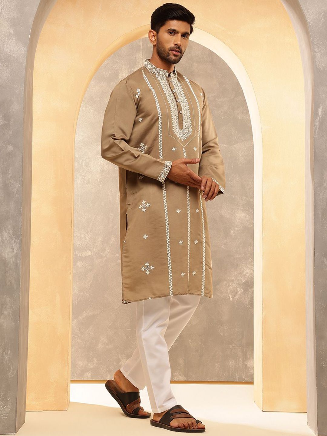 Anouk Geometric Embroidered Mirror Work Cotton Silk Straight  Kurta with Pyjamas