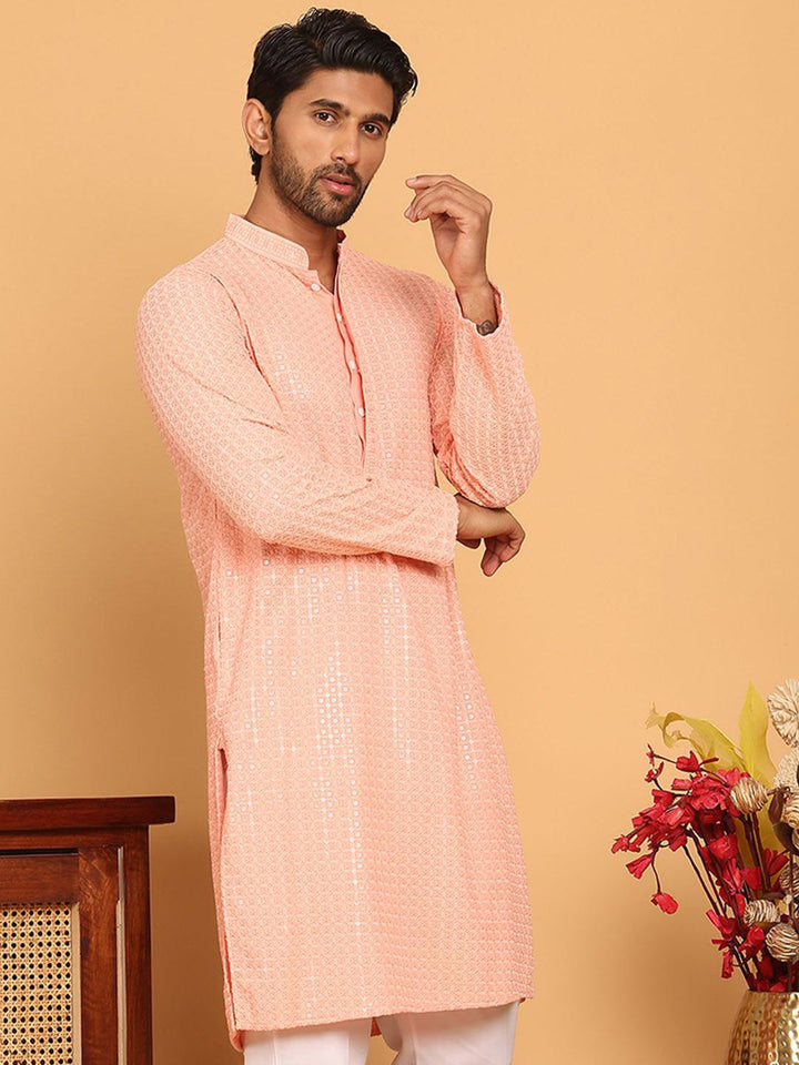 Jompers Geometric Embroidered Mandarin Collar Sequinned Straight Kurta