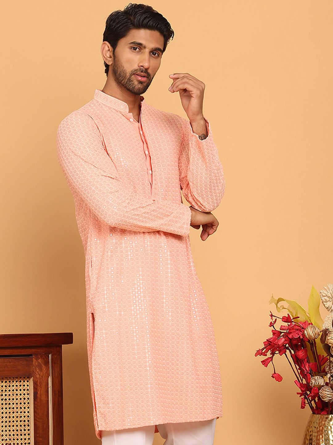 Jompers Geometric Embroidered Mandarin Collar Sequinned Straight Kurta