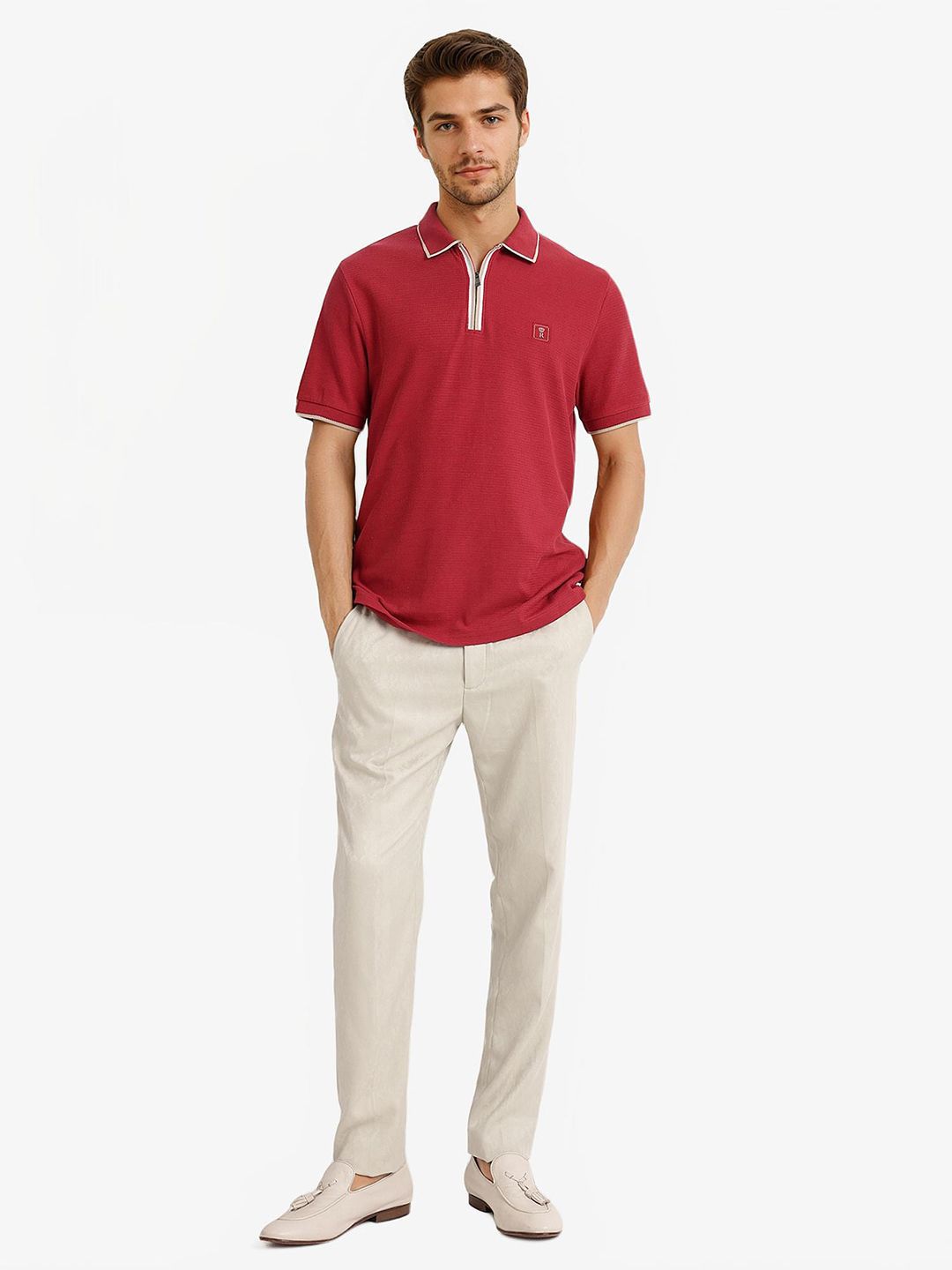 RARE RABBIT Men Solid Pure Cotton Polo Collar T-shirt