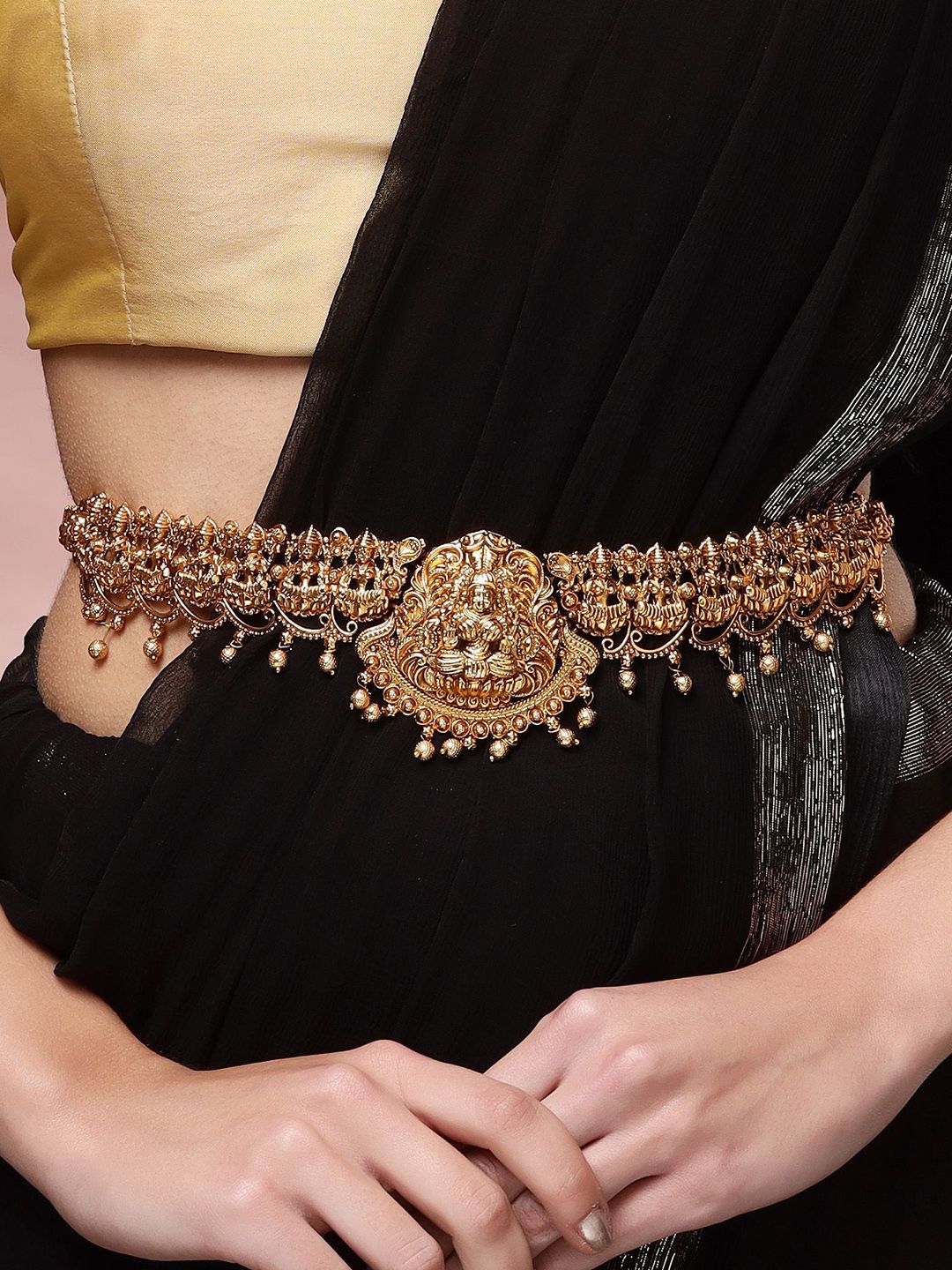 KARATCART Gold-Plated Artificial Beaded Lakshmi Mata Temple Kamarbandh Waist Chain