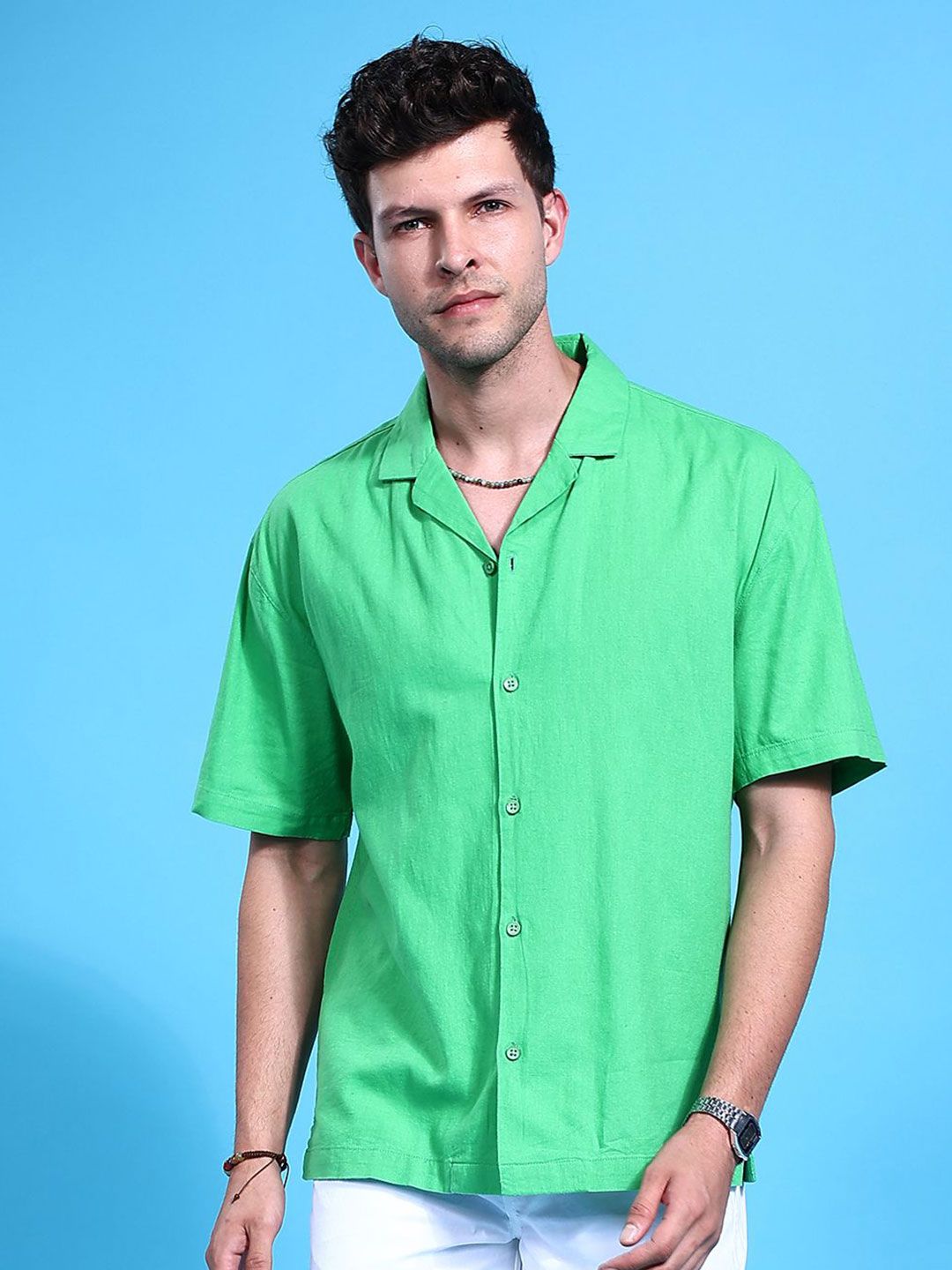 The Indian Garage Co Men Cuban Collar Relaxed Fit Linen Resortwear Shirt