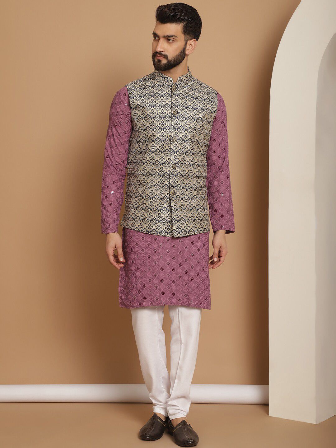 Anouk Geometic Embroidered Kurta With Churidar & Woven Design Nehru Jacket