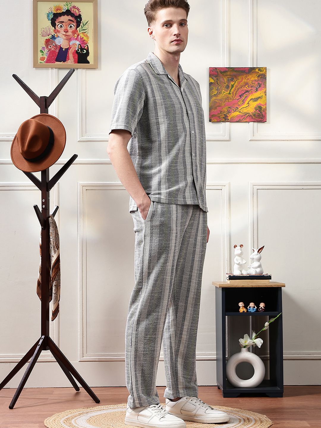 Eszett Striped Jacquard Spread Collar Pure Cotton Shirt With Trousers Co-Ord Set