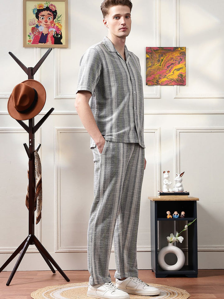 Eszett Striped Jacquard Spread Collar Pure Cotton Shirt With Trousers Co-Ord Set