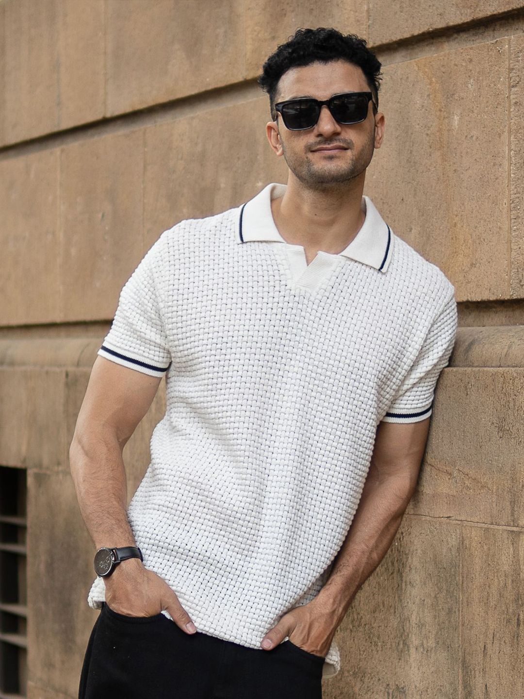 Powerlook Men Self Design Polo Collar Cotton T-shirt