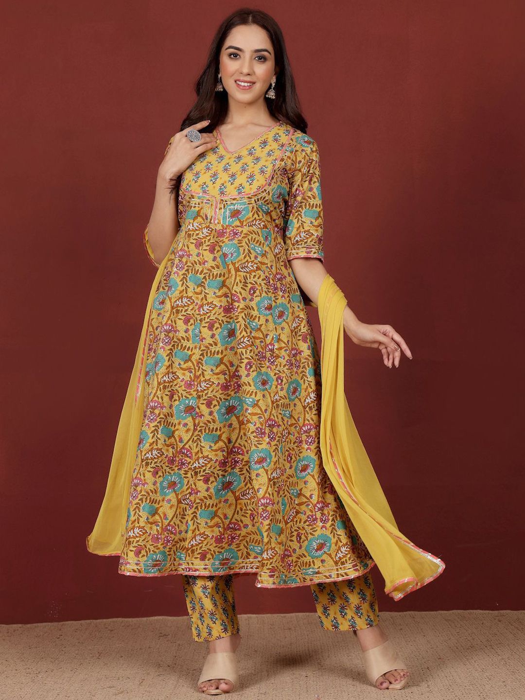 Varanga Floral Printed V-Neck Gotta Patti Pure Cotton A-Line Kurta With Trousers & Dupatta