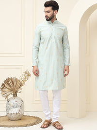 SOJANYA Geometric Woven Design Mandarin Collar Silk Cotton Straight Kurta dengan Piyama
