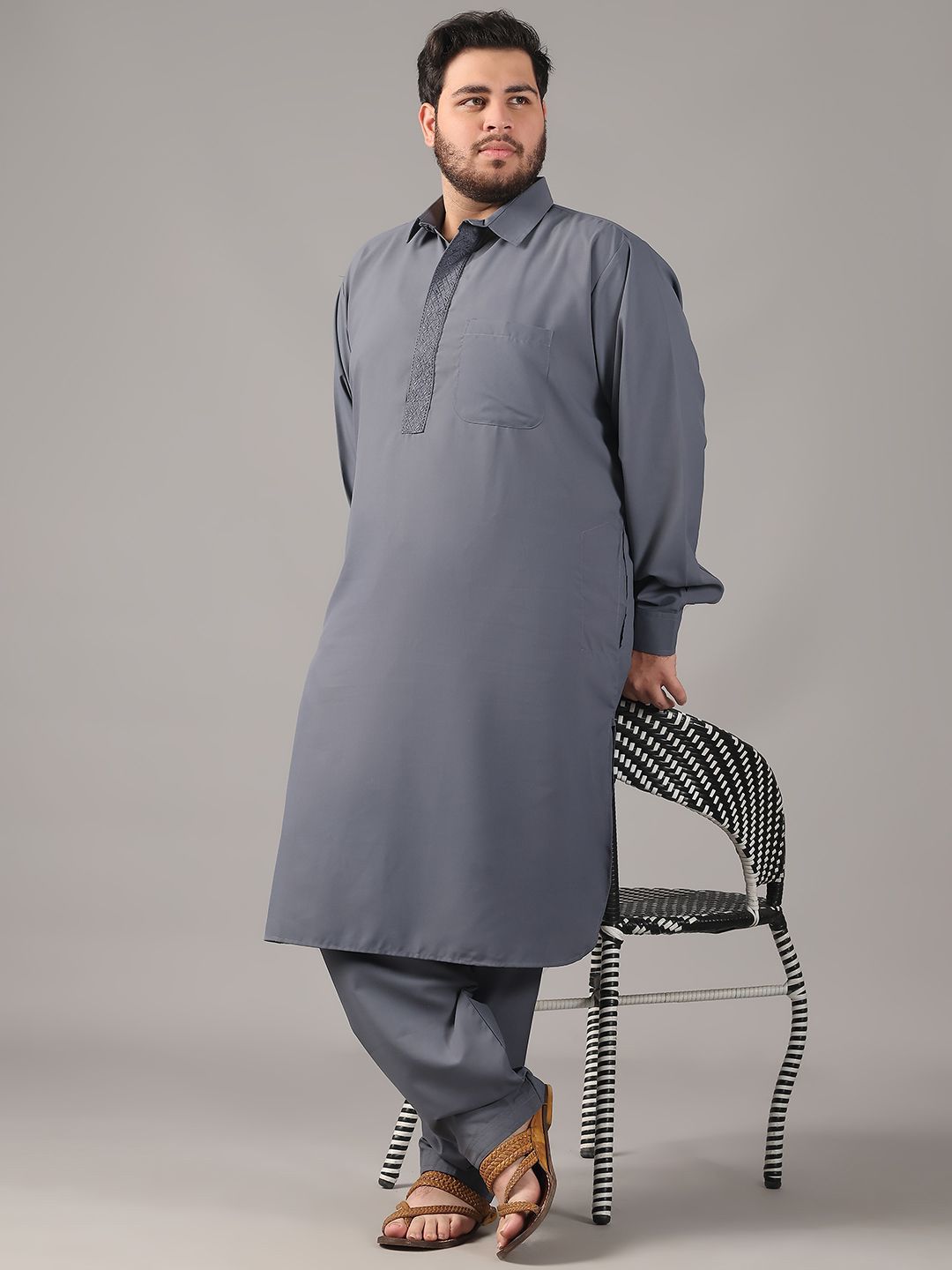 SOJANYA PLUS Plus Size Lelaki Baju Kolar Benang Bekerja Lurus Kurta Dengan Salwar