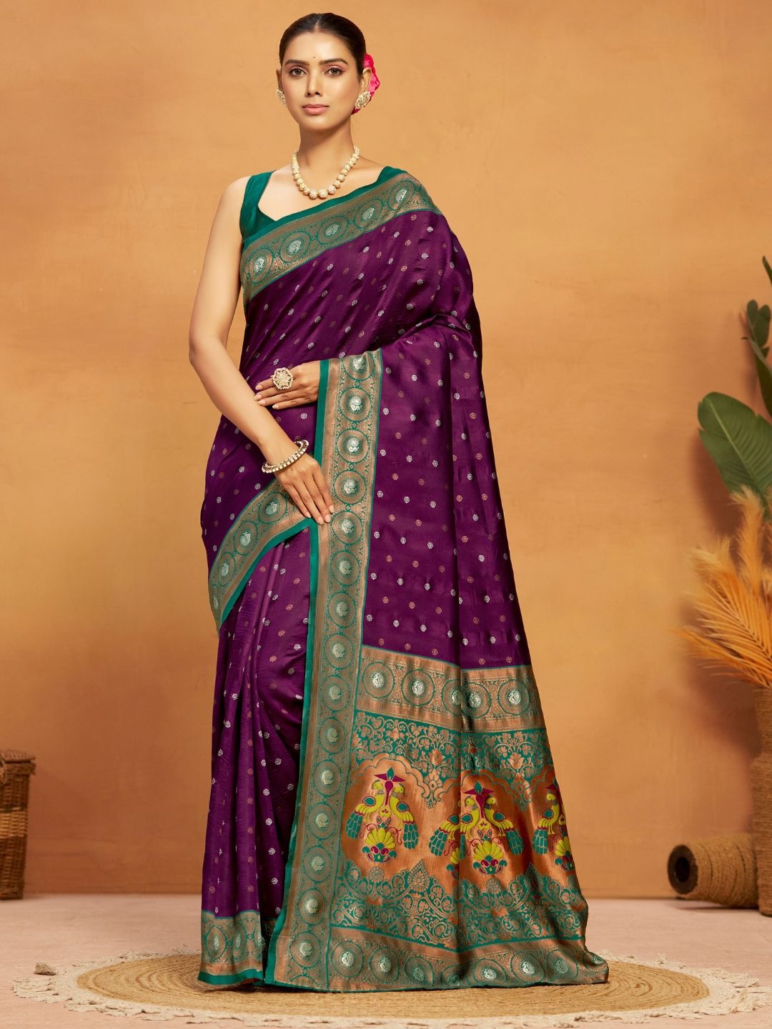 Kalini Silk Blend Woven Paithani Saree with Blouse Piece