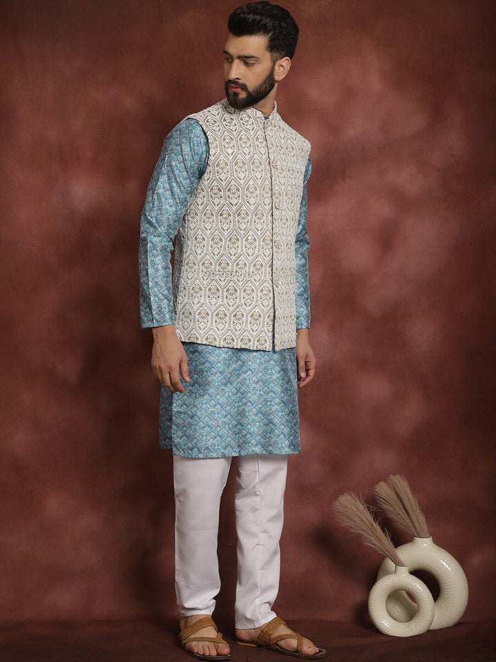 Anouk Blue Striped Mandarin Collar Thread Work Straight Kurta With Churidar