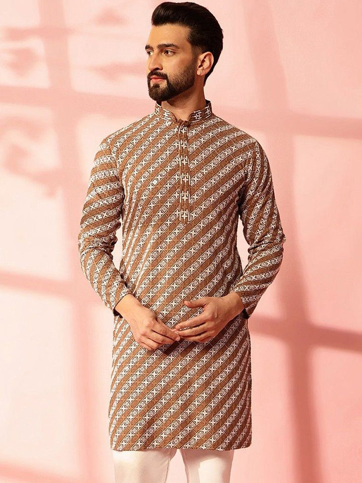 Anouk Geometrik Sulam Kolar Mandarin Benang Kerja Kapas Kurta Lurus