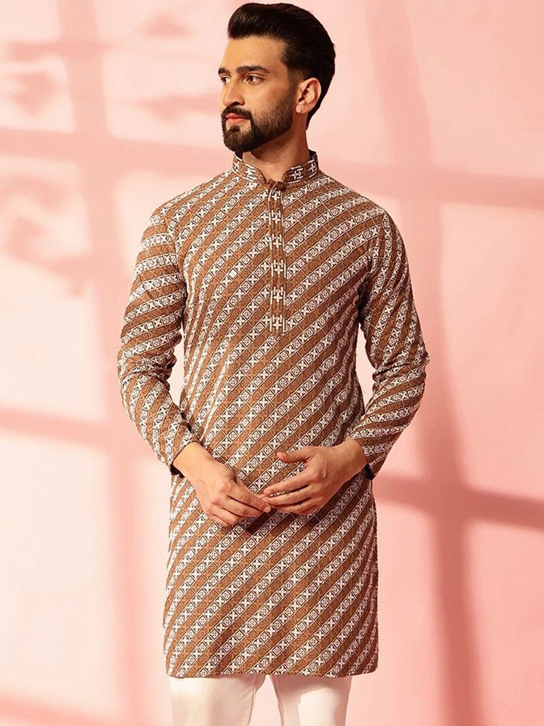 Anouk Geometrik Sulam Kolar Mandarin Benang Kerja Kapas Kurta Lurus