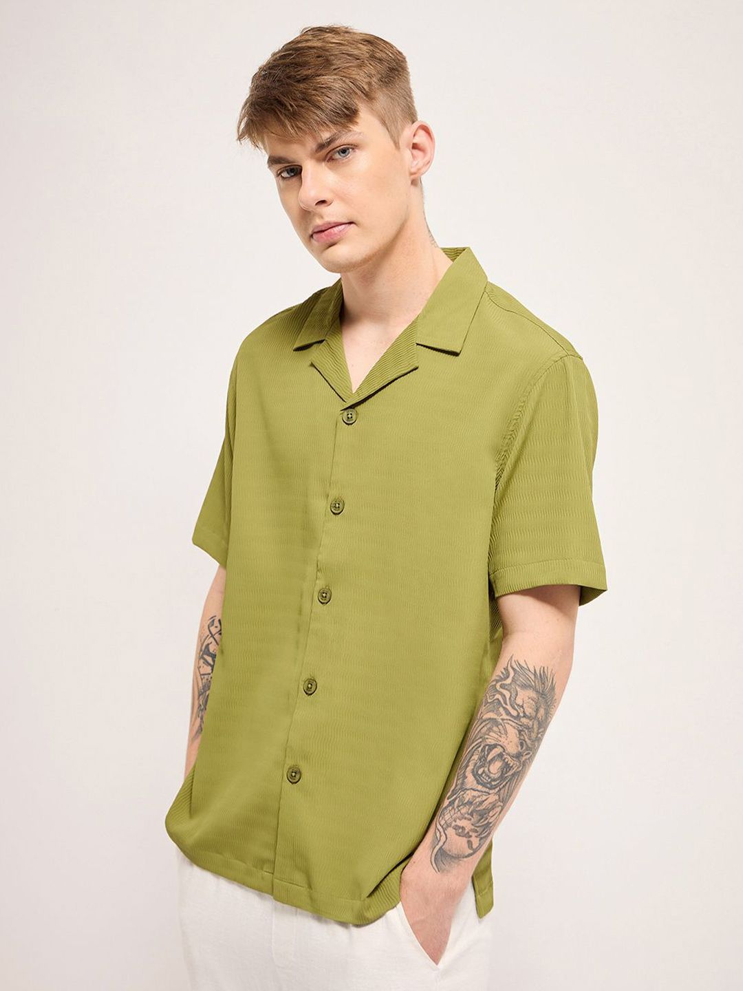 THE BEAR HOUSE Men Cuban Collar Abstract Printed Casual Shirt
