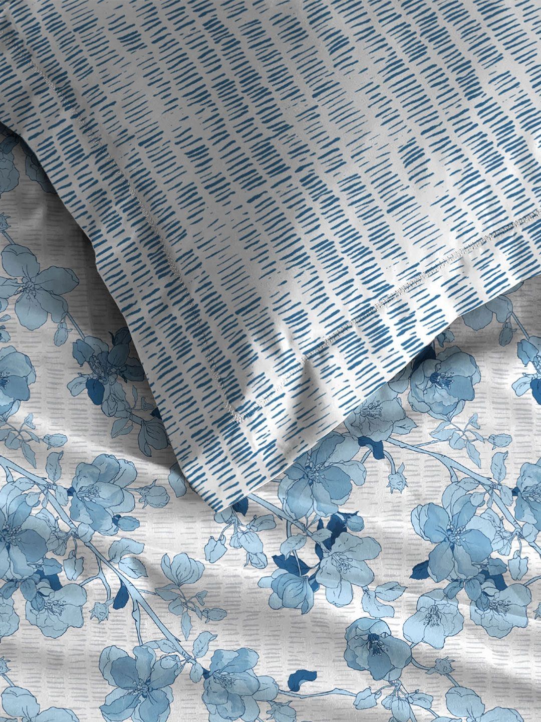 TRIDENT Shabnam Blue Celebration Flat 144TC Queen Cotton Bedsheet Set