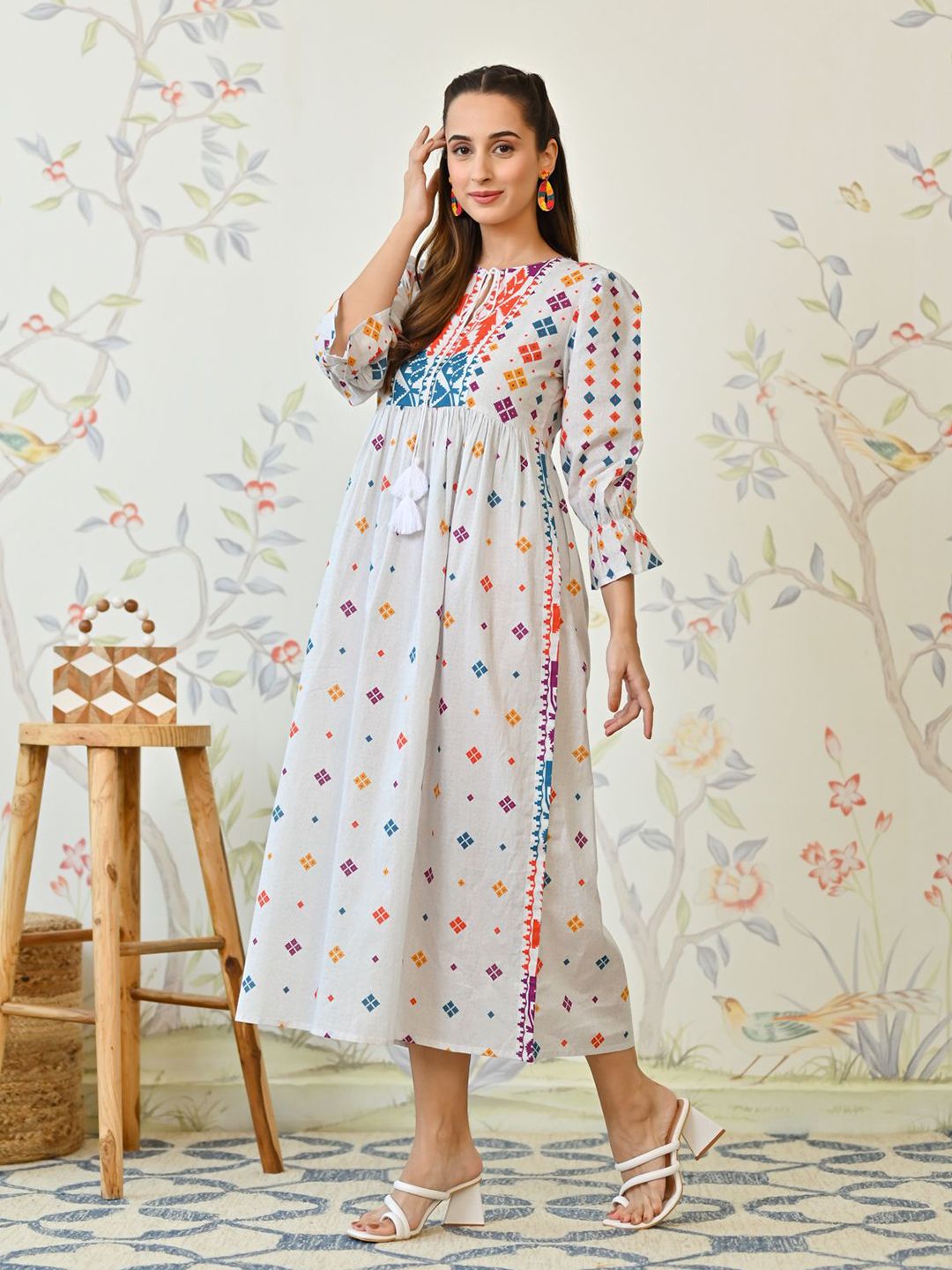 Rustorange Women Ethnic Motif Print Round Neck A-Line Cotton Midi Dress