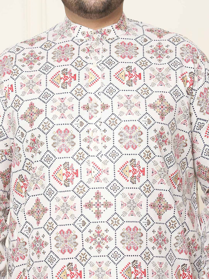 SOJANYA PLUS Ethnic Motifs Printed Band Collar Straight Cotton Linen Kurta