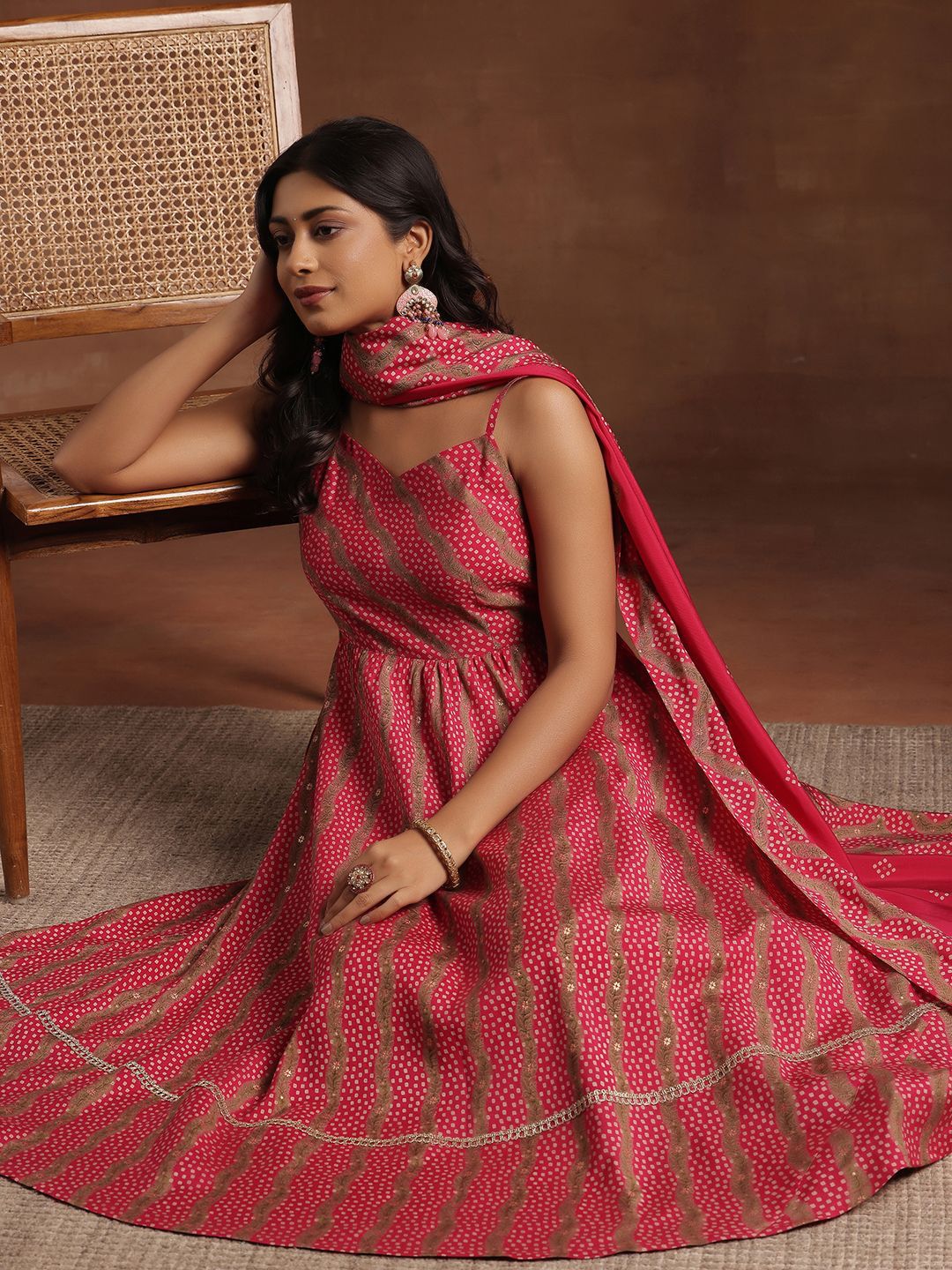 Libas Bandhani Printed Pleated Shoulder Straps Anarkali Kurta With Trouser & Dupatta