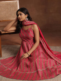 Libas Bandhani Printed Pleated Shoulder Straps Anarkali Kurta With Trouser & Dupatta