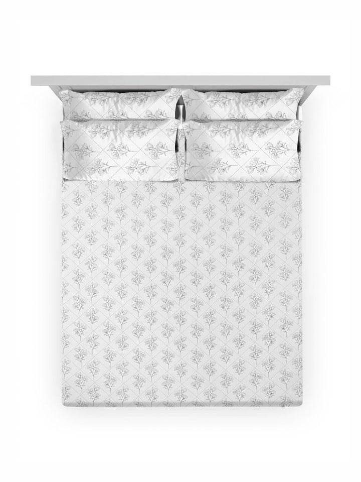Myntra Elegant Homes White & Grey Floral 400 TC Bedsheet with 2 Pillow Covers
