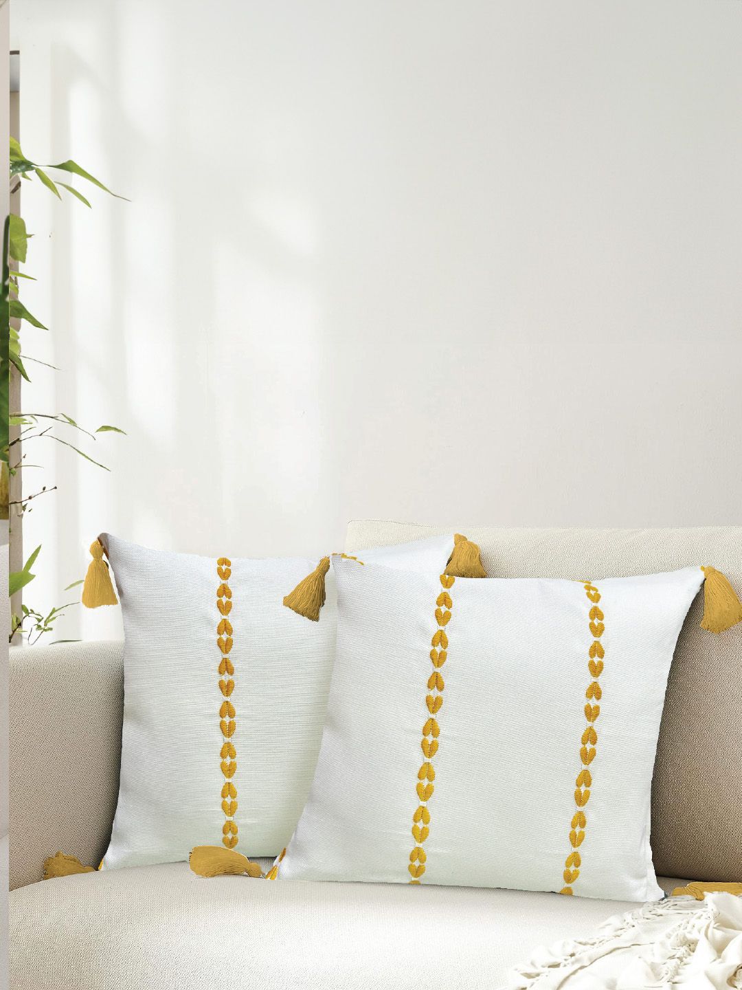 URBAN SPACE Yellow & White 2 Pieces Embroidered Pure Cotton Square Cushion Covers
