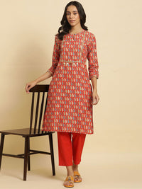 W Ethnic Motifs Printed Keyhole Neck Sequinned Straight Kurta