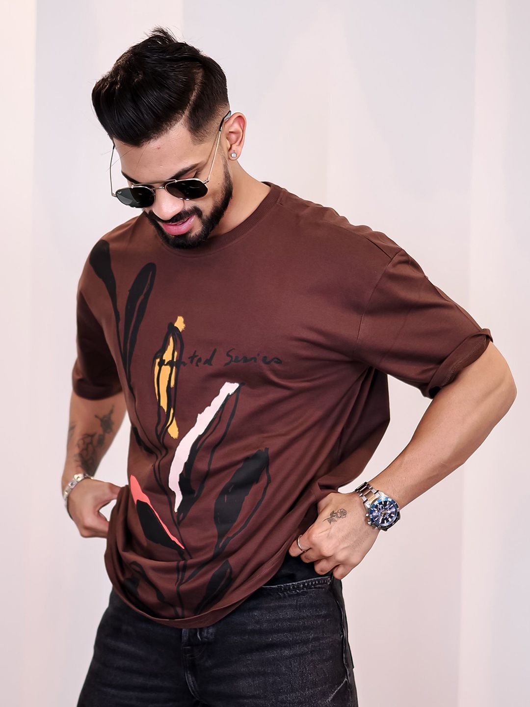 Eszett Lelaki Floral Printed Leher Bulat Kapas Bersaiz Besar T-shirt