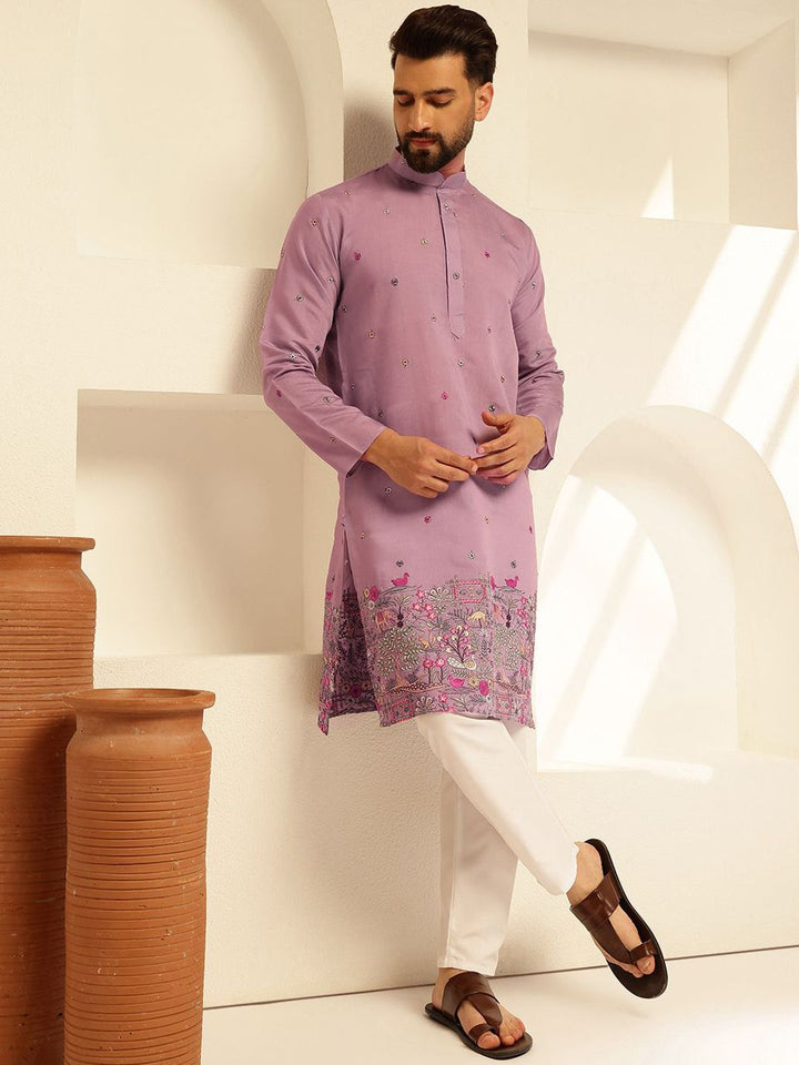 SOJANYA Kurta Lurus Sulam Bunga Mandarin Kolar Kapas Sutera