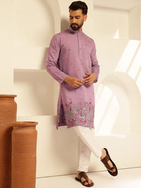 SOJANYA Kurta Lurus Sulam Bunga Mandarin Kolar Kapas Sutera