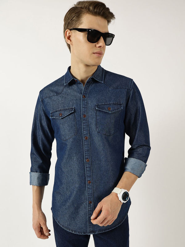 Thomas Scott Men Classic Spread Collar Faded Cotton Slim Fit Casual Shirt