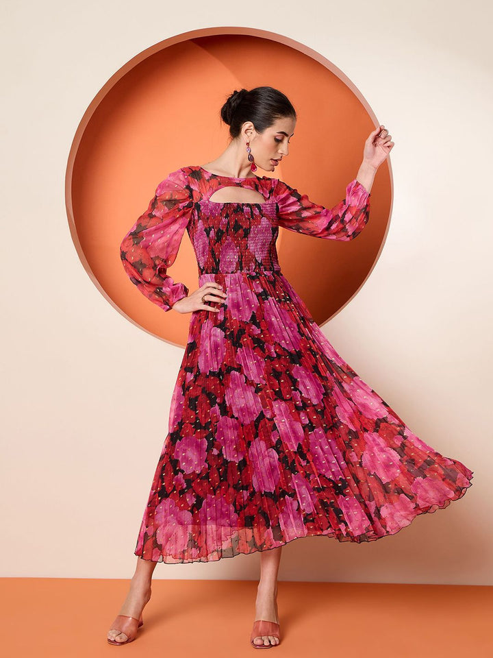 Antheaa Women Floral Printed pleated Fit & Flare Midi Dress