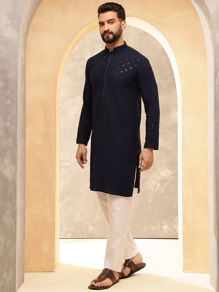 Anouk Navy Blue Embroidered Pure Cotton Straight Kurta With Pyjamas And Nehru Jacket