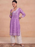 House of Chikankari Women Lavender Chanderi Chikankari Embroidered Kurta