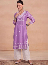 House of Chikankari Women Lavender Chanderi Chikankari Embroidered Kurta