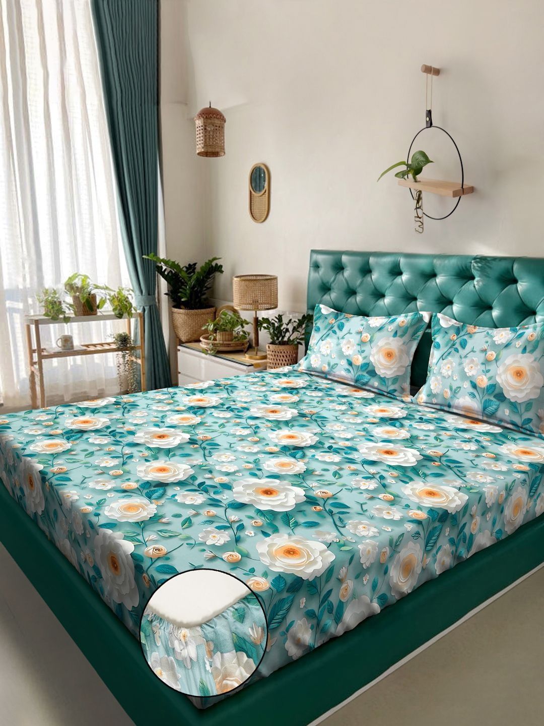 Myntra Elegant Homes Turquoise Blue Floral 300 TC Cadar Katil King dengan 2 Sarung Bantal
